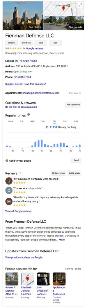 Example of the Google Business Profile for a Law Firm